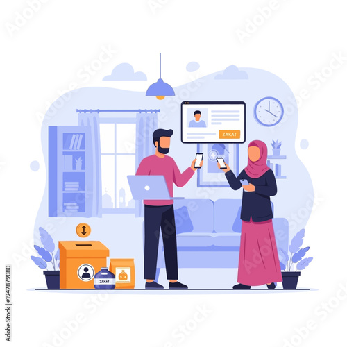 Muslim couple using smartphones for registration and profile data