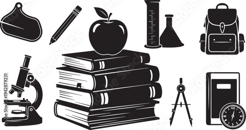 School Supplies and Education Icons in Black and White