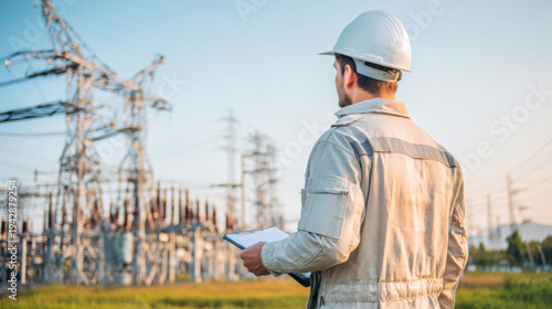 Electrical engineer inspects power lines with clipboard wea hard hat at energy substation generating facility outdoors du bright sunny day.
