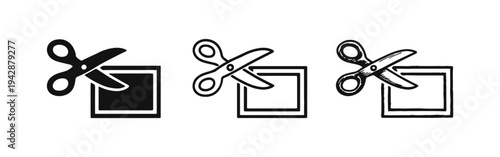 Scissors cutting a square icon set. Cut, trim, and craft symbols in various styles.