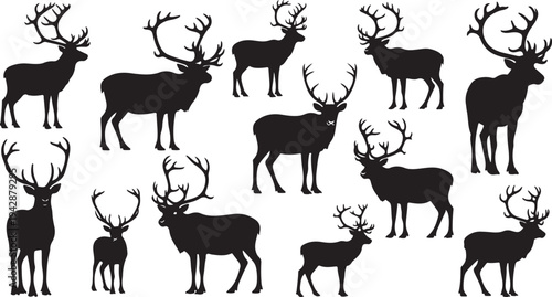 Silhouettes of deer and reindeer in various poses standing
