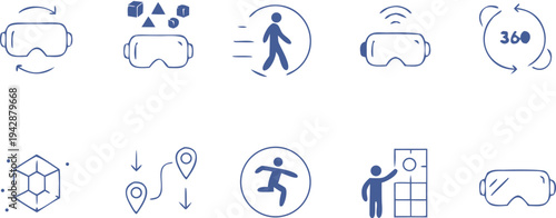 Vector set of virtual reality and augmented reality icons featuring VR headsets and 360 degree view symbols.