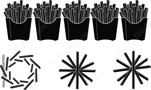 French fries pack silhouette set with scattered potato sticks and radial arrangement isolated on white background fast food snack illustration