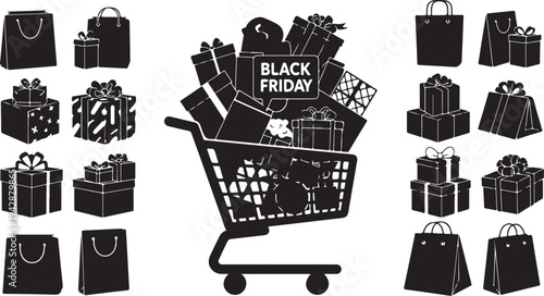 Black Friday shopping cart with gifts and bags illustration