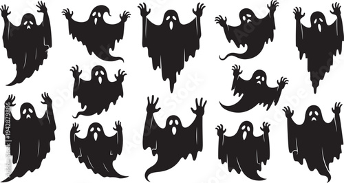 Collection of spooky ghost silhouettes in various poses rising