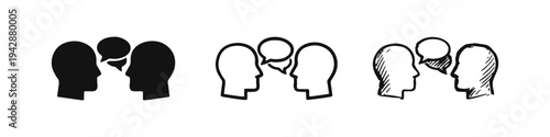 Conversation and Discussion Icons Set - Two Heads with Speech Bubble Symbol