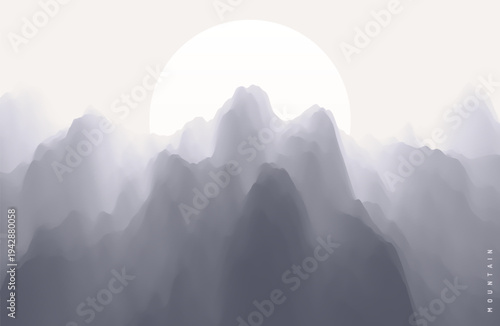 Landscape with mountains and moon. Mountainous terrain. Abstract background. Vector illustration.