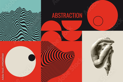 A man lies curled up, thinking about a problem. Concept of despair, depression, or hopelessness. Mountain. Opt illusion. Geometric pattern. Behavioral psychology. Abstract collage. Vector for design.