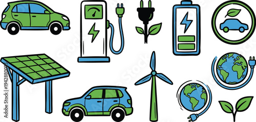 Electric vehicle doodle elements with hatchback car charging station power plug battery in hand drawn style leaf green sky blue for eco transportation branding design