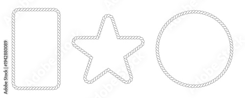 Set of 3 white rope border frames: vector illustration with rounded rectangle, star, and circle shapes for decorative design elements