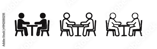 Two people sitting at a table icon set, depicting various styles of meeting, discussion, or interview.