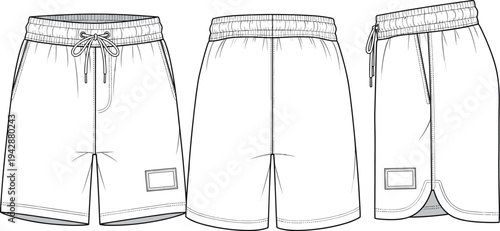 Men athletic shorts mockup set front back and side view, blank sportswear apparel template isolated on white background vector illustration