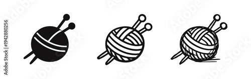 Yarn ball with knitting needles icon set in three distinct styles, representing craft and hobby.