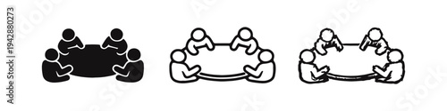 Group of people sitting around a round table icon set, illustrating meetings and team discussions.