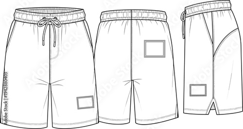 Men sport shorts technical flat sketch template with front back and side views, elastic waistband drawstring pockets clothing design outline vector