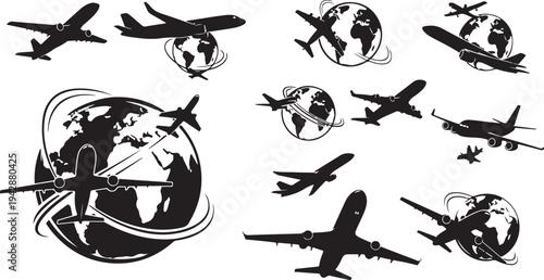 Airplanes flying around the world in black silhouette style
