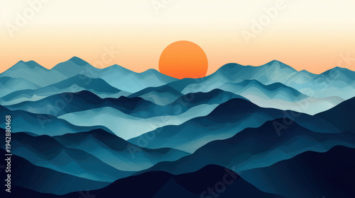 A stylized illustration of layered blue mountains receding into the distance beneath a pale orange sky with a large, glowing sun setting behind the peaks.