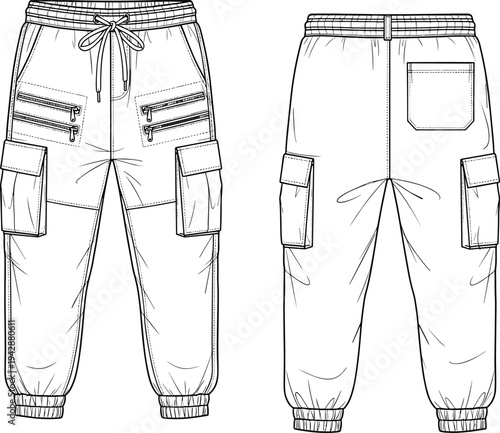 Men’s cargo jogger pants technical fashion sketch showing front and back views with pockets drawstring waistband vector line art
