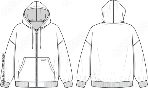 Men zip up hoodie sweatshirt technical flat sketch with front and back views hood pockets casual apparel clothing template vector