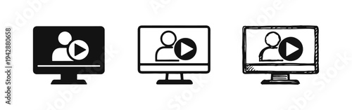 Online video and streaming content icon set, showing a computer monitor with a user and play button.