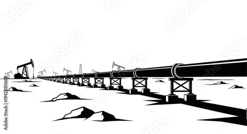 Oil pumps and pipeline in a desolate landscape under a clear sky, illustrating the oil and gas industry.