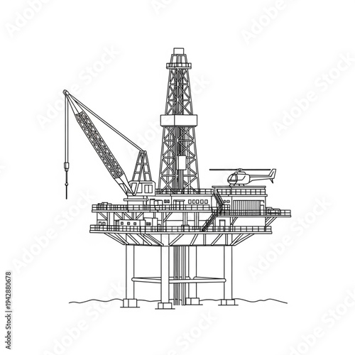 Detailed illustration of an offshore oil drilling rig with a crane and helicopter.