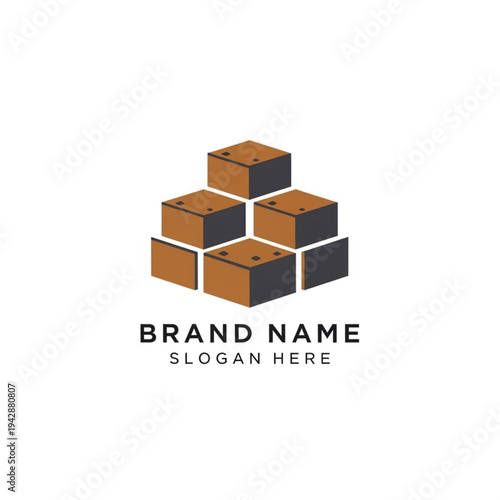 Abstract geometric logo design featuring stacked brown and grey cubes forming a pyramid shape with text placeholders for brand name and slogan.