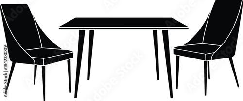 Modern dining table with two chairs silhouette illustration isolated on white background representing home interior furniture, minimalist decor, kitchen seating, contemporary lifestyle concept design