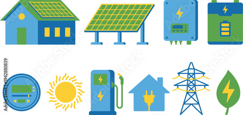 Residential solar energy elements with house rooftop panels inverter battery meter in sky blue leaf green sunny yellow for clean renewable power branding design