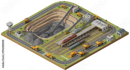 Isometric view of a large open-pit mine with a train station and transportation infrastructure.