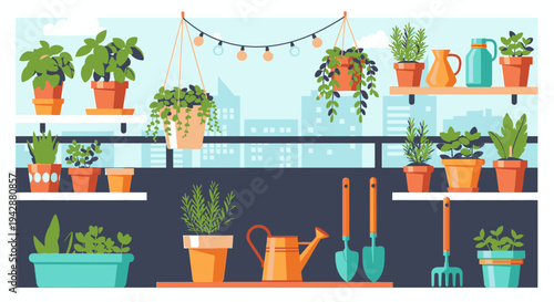 A serene balcony garden scene with various plants and gardening tools on shelves.