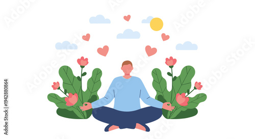 A man meditates peacefully in a serene garden with flowers and hearts floating around him.