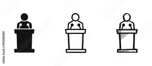 Speaker at Podium Icon Set: Public Speech, Presentation, and Conference Symbols