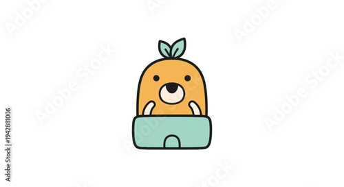 A cartoon orange character with a leaf on its head.