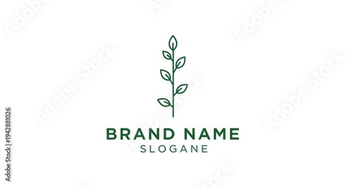 Minimalist logo design with a delicate green plant stem and leaves, suitable for branding and organic products.