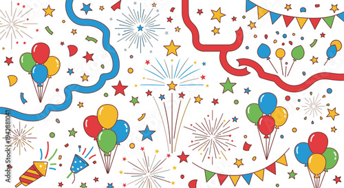 A festive celebration with colorful balloons and streamers explodes in joy.