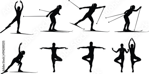 Set of cross country skiing and skating athlete silhouettes showing dynamic winter sport poses balance motion training isolated on white background