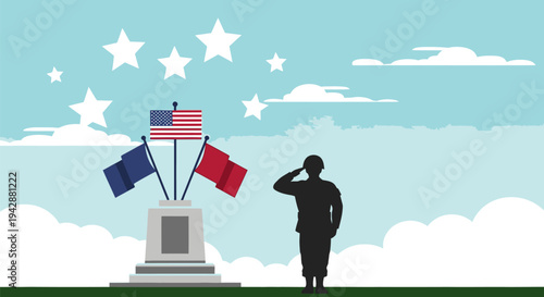 A soldier salutes flags on a memorial monument under a cloudy sky