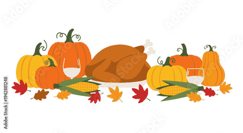 A roasted turkey surrounded by pumpkins and fall leaves on a table.