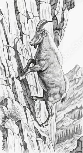 Bighorn sheep drawing shows powerful animal climbing steep mountain terrain. Majestic bighorn sheep demonstrates incredible strength, agility on rocky cliff.