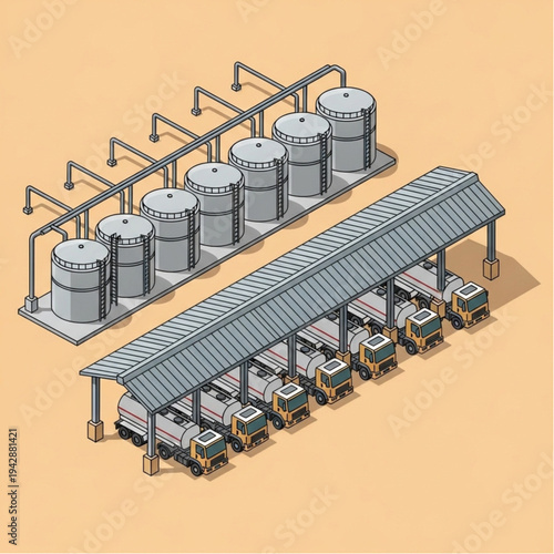 Isometric illustration of a fuel depot with storage tanks and tanker trucks under a covered area.