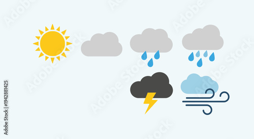 Weather forecast icons display sunny, cloudy, rainy, stormy and windy conditions