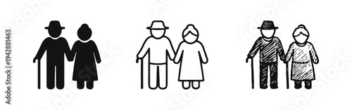 Elderly Couple Icon Set: Senior Love, Grandparents, and Golden Years Relationship