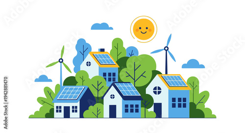 A sunny day with houses and wind turbines surrounded by trees and solar panels