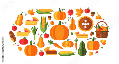 A vibrant arrangement of autumnal produce and harvest elements fills the frame.