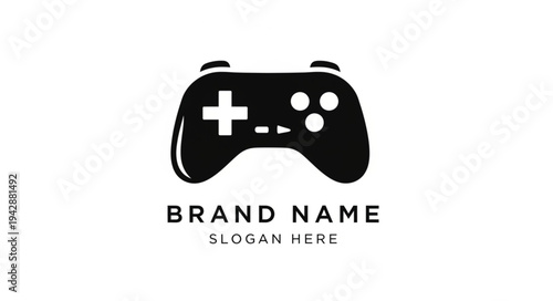 Modern black video game controller icon with text placeholder for brand name and slogan.