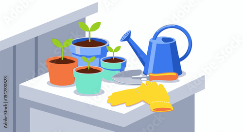 A person waters plants on a table with a blue watering can nearby.