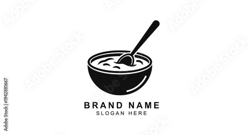 Simple black and white logo of a bowl of soup with a spoon, suitable for food branding.