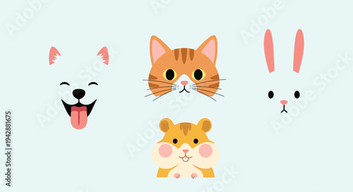 Cute cartoon faces of dog, cat, hamster, and rabbit in a row