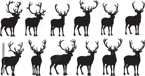 Set of deer silhouettes with antlers on white background